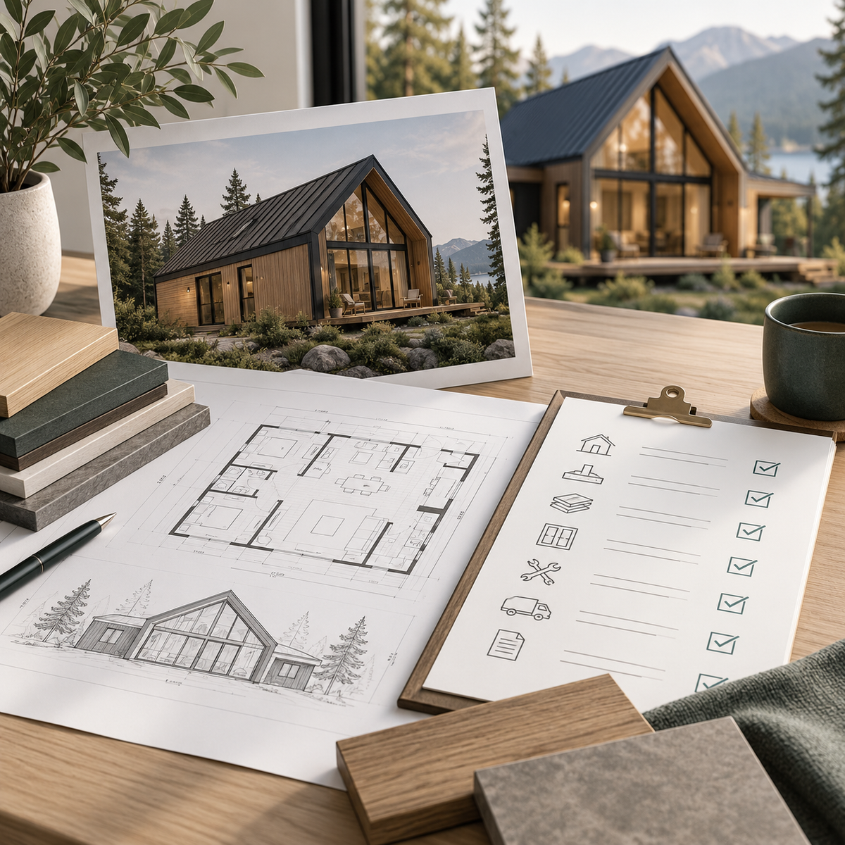 Modern Retreat prefab home kit planning workspace with architectural plans, project checklist, materials, and a contemporary cabin