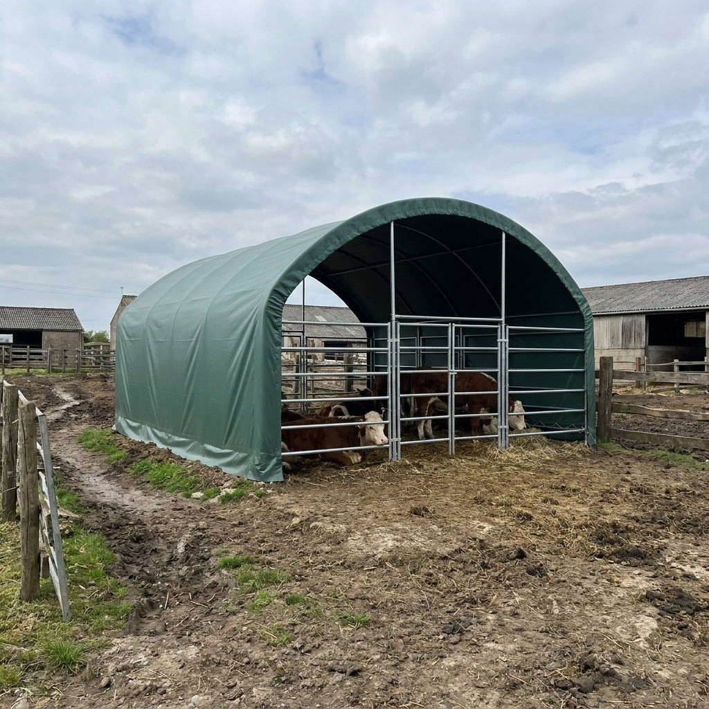 TMG Heavy Series™ 20' x 20' Livestock Corral Shelter, 12' Dome Roof, 17 oz Military Green PVC Covering, 6-Bar Corral Panels, 5' Front Swing Gate, TMG-ST2022L