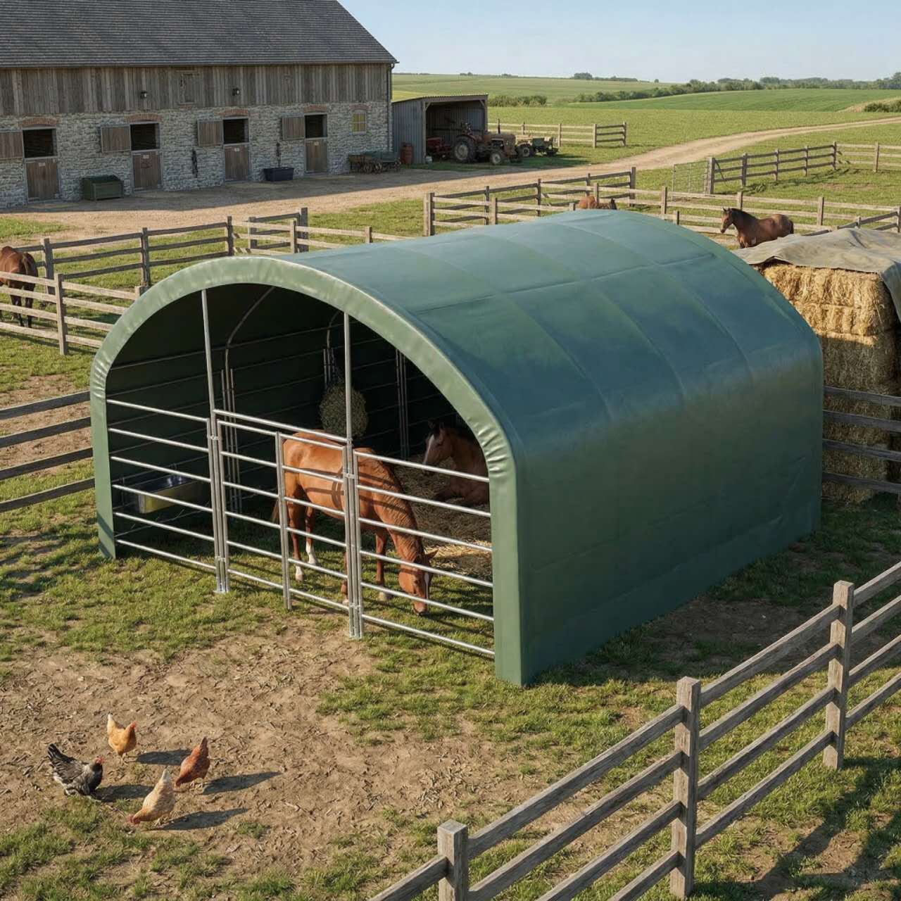 TMG Heavy Series™ 20' x 20' Livestock Corral Shelter, 12' Dome Roof, 17 oz Military Green PVC Covering, 6-Bar Corral Panels, 5' Front Swing Gate, TMG-ST2022L