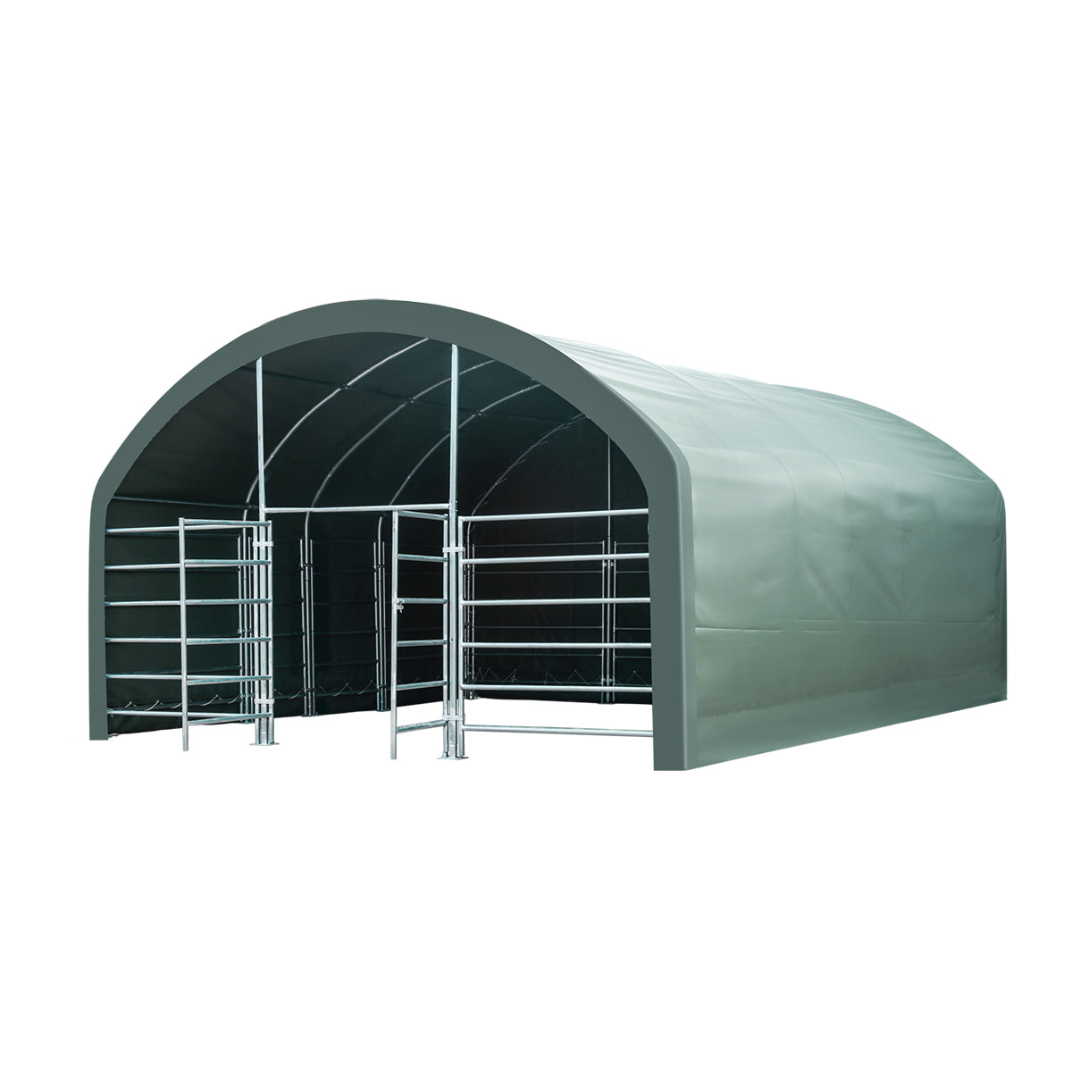 TMG Heavy Series™ 20' x 20' Livestock Corral Shelter, 12' Dome Roof, 17 oz Military Green PVC Covering, 6-Bar Corral Panels, 5' Front Swing Gate, TMG-ST2022L