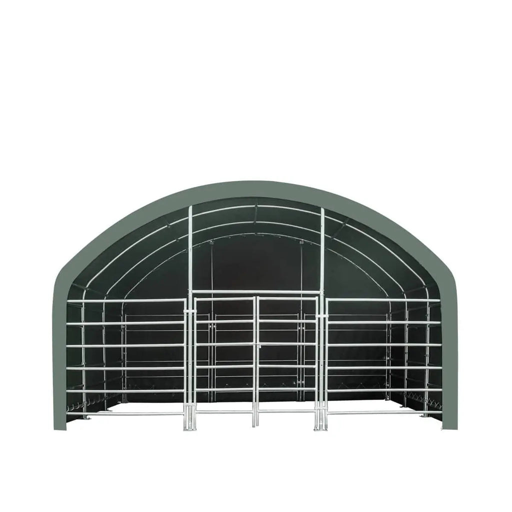 20' x 20' Livestock Corral Shelter, Powder Coated Structure, 12' Dome Roof, 17 oz Military Green PVC Fabric Covering, 6-Bar Corral Panels, 5' Front Swing Gate, TMG-ST2020L