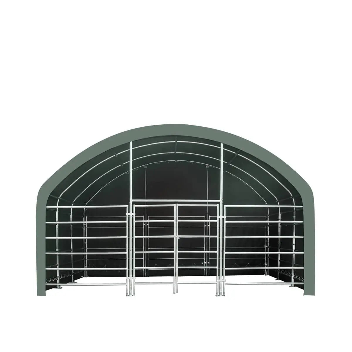 20' x 20' Livestock Corral Shelter, Powder Coated Structure, 12' Dome Roof, 17 oz Military Green PVC Fabric Covering, 6-Bar Corral Panels, 5' Front Swing Gate, TMG-ST2020L