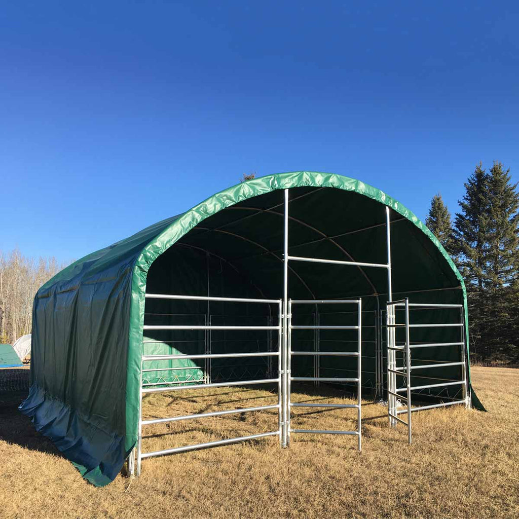 20' x 20' Livestock Corral Shelter, Powder Coated Structure, 12' Dome Roof, 17 oz Military Green PVC Fabric Covering, 6-Bar Corral Panels, 5' Front Swing Gate, TMG-ST2020L