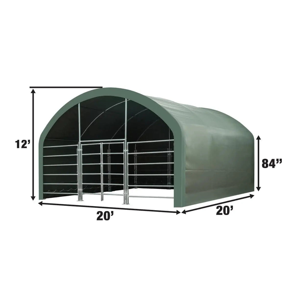 20' x 20' Livestock Corral Shelter, Powder Coated Structure, 12' Dome Roof, 17 oz Military Green PVC Fabric Covering, 6-Bar Corral Panels, 5' Front Swing Gate, TMG-ST2020L
