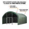 20' x 20' Livestock Corral Shelter, Powder Coated Structure, 12' Dome Roof, 17 oz Military Green PVC Fabric Covering, 6-Bar Corral Panels, 5' Front Swing Gate, TMG-ST2020L