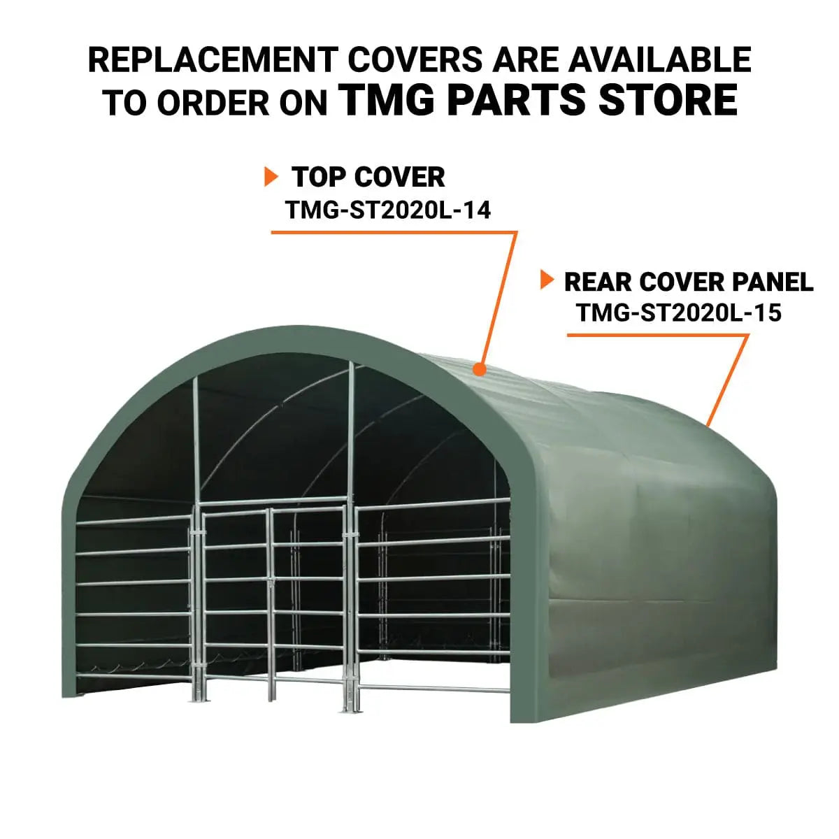 20' x 20' Livestock Corral Shelter, Powder Coated Structure, 12' Dome Roof, 17 oz Military Green PVC Fabric Covering, 6-Bar Corral Panels, 5' Front Swing Gate, TMG-ST2020L
