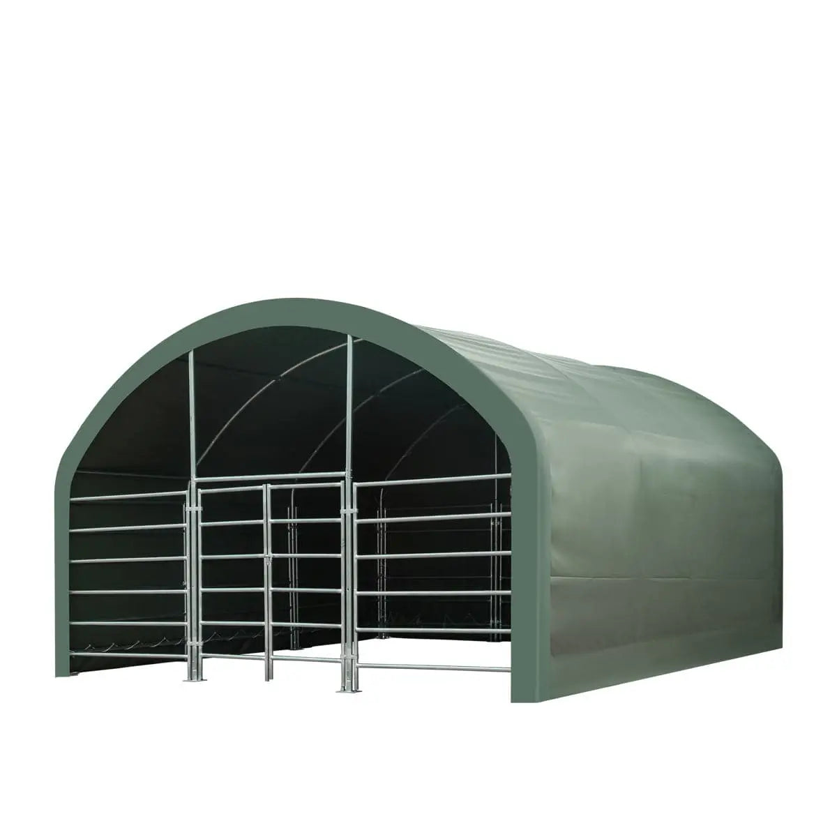 20' x 20' Livestock Corral Shelter, Powder Coated Structure, 12' Dome Roof, 17 oz Military Green PVC Fabric Covering, 6-Bar Corral Panels, 5' Front Swing Gate, TMG-ST2020L