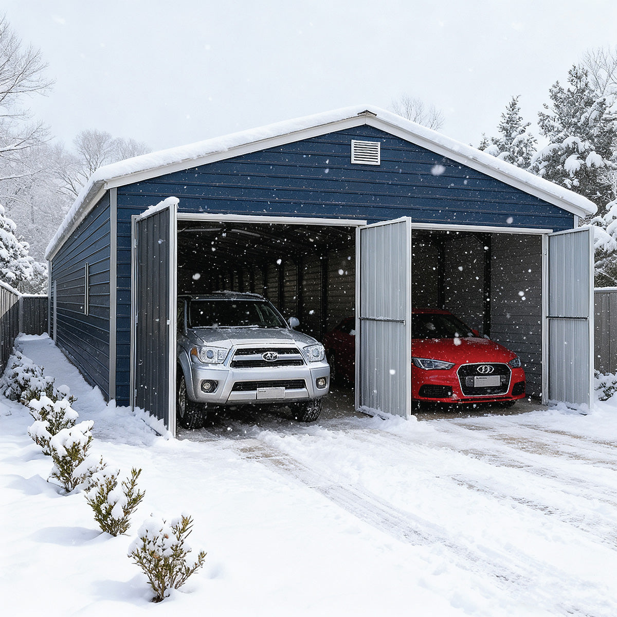 26' x 40' Metal Garage Shed, 9' High Double Front Doors, 14' Peak, 1040 Sq-Ft TMG-MS2640