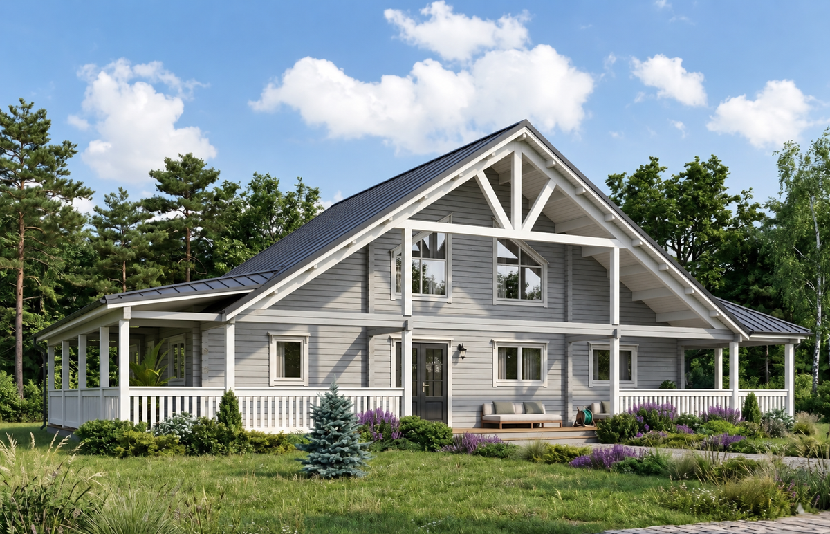 Glacier Estate concept rendering shown with charcoal metal roofing; final specifications confirmed in your quote.