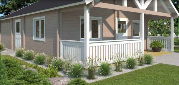 Sierra Loft exterior reference rendering showing the covered front porch and finished siding concept