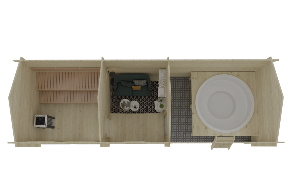 Signature Alpine Gable Sauna furnished top-view layout — included in Signature Homestead