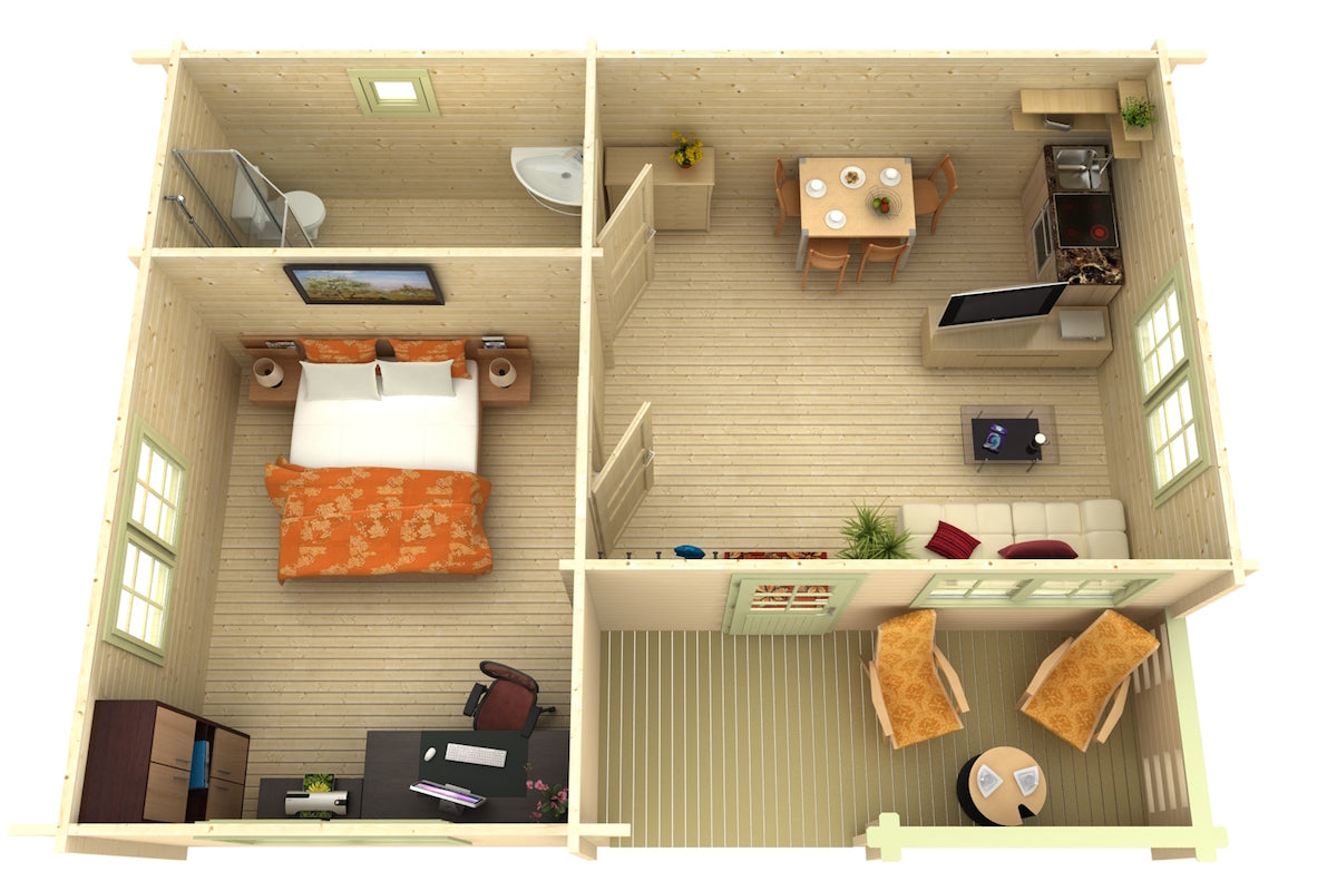 Signature Meadowlark Cabin furnished top-view layout — included in Signature Homestead