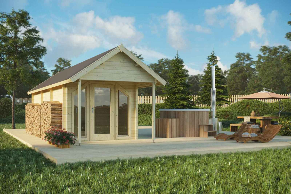 Signature Nordic Cove Sauna exterior rendering — included in Signature Retreat Compound