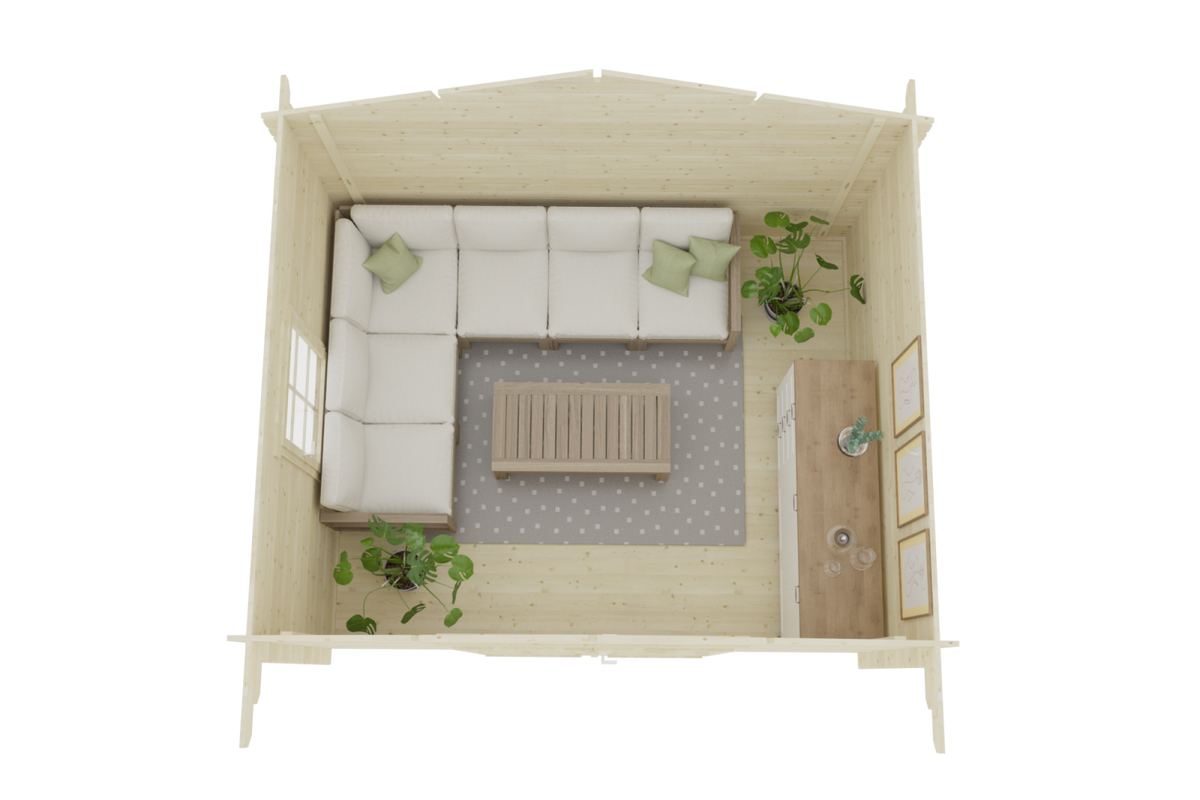 Signature Timber Cache Storage Shed furnished top-view layout — included in Signature Workshop Compound