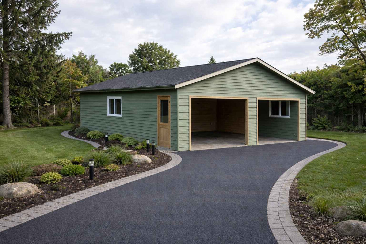 Signature Timberworks Garage and Workshop exterior rendering — included in Signature Estate Compound