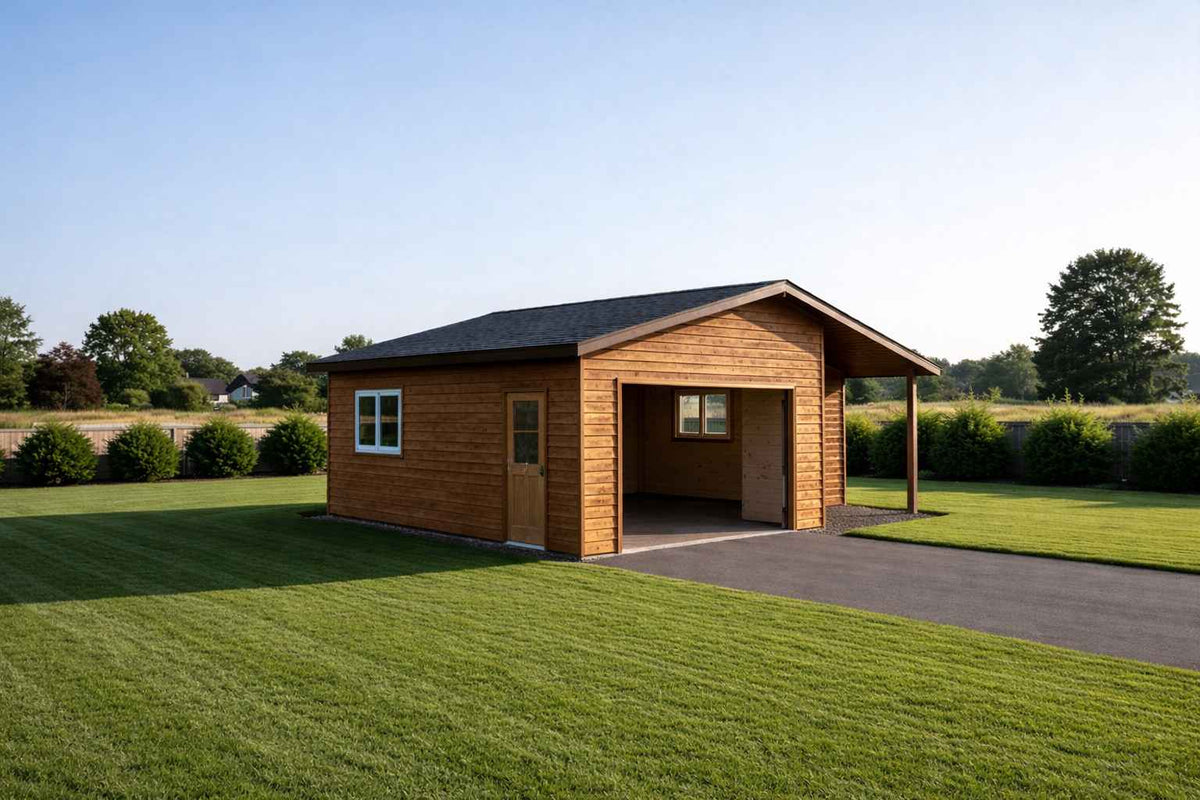 Signature Trailhead Garage and Workshop exterior rendering — included in Signature Retreat Compound