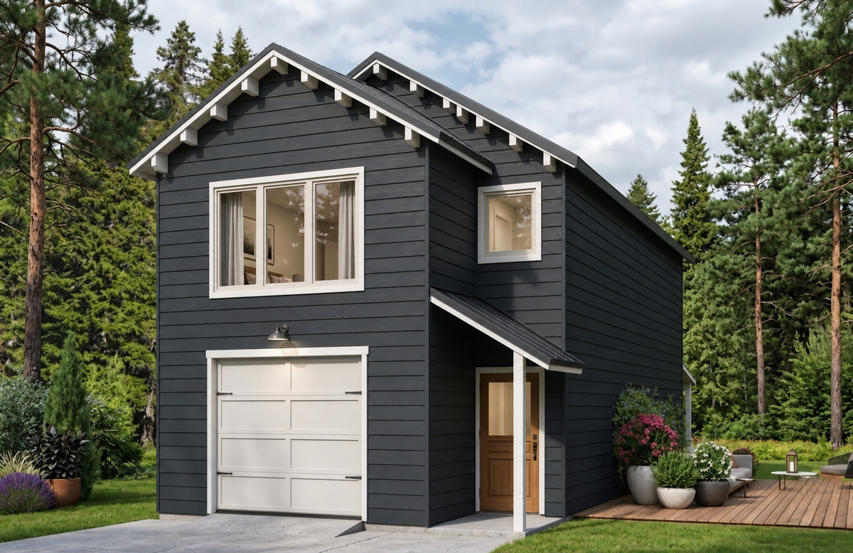 Stonebridge concept rendering shown with charcoal metal roofing; final specifications confirmed in your quote.