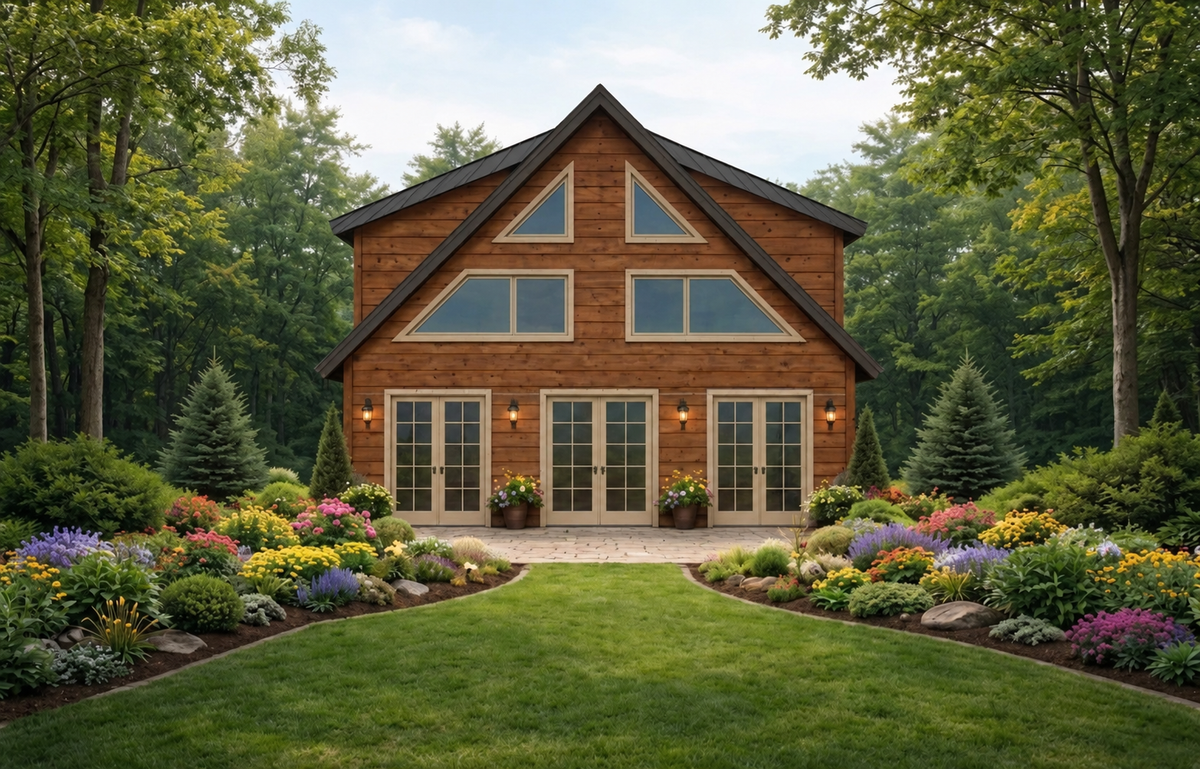 Timberline Lodge concept rendering shown with charcoal metal roofing; final specifications confirmed in your quote.